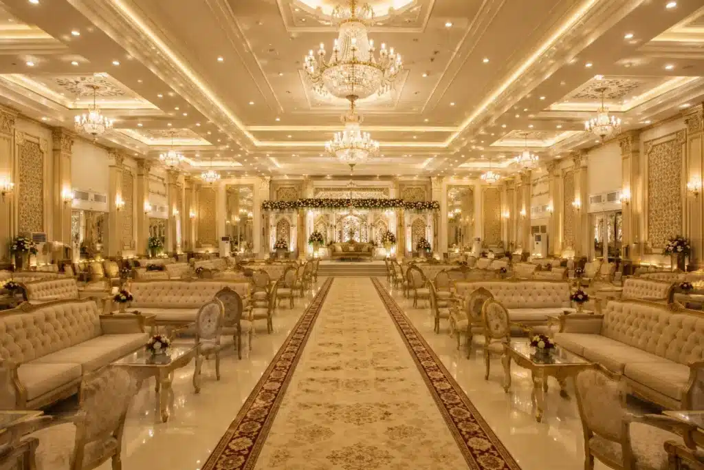 Mid-range wedding marquee in Lahore with decorated stage setup
