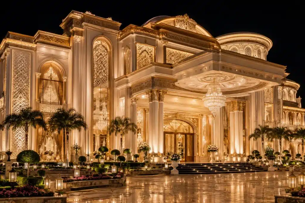 Luxury marquee in Lahore with chandelier lighting and formal view